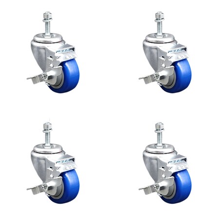 Service Caster 3.5 Inch SS Blue Polyurethane Swivel 10mm Threaded Stem Caster Set Brake SCC-SSTS20S3514-PPUB-BLU-TLB-M1015-4